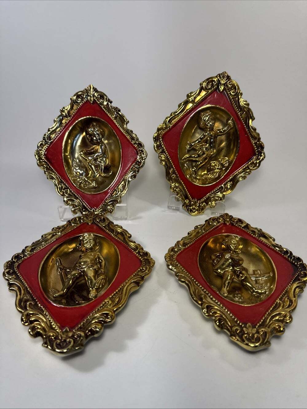 4 Vtg Red & Gold Diamond Relief Cherub Wall Hangings Ardco Japan Ceramic H1